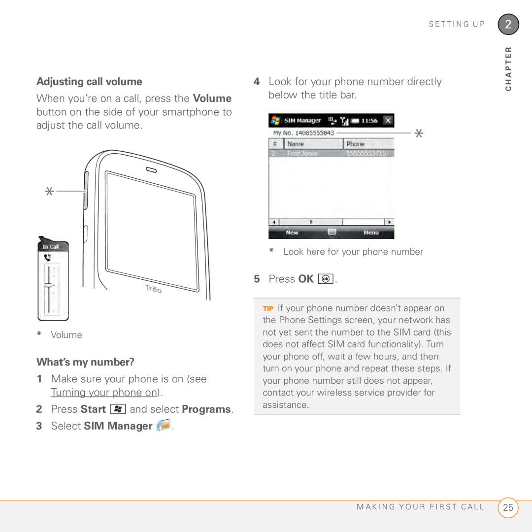 Palm PMG0501000P manual Adjusting call volume, Look for your phone number directly, What’s my number?, Select SIM Manager 