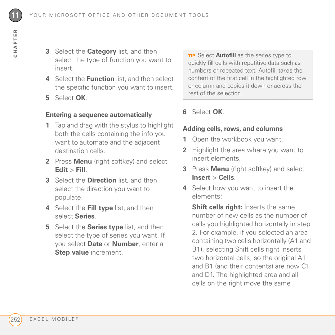 Palm PMG0501000P manual Entering a sequence automatically, Adding cells, rows, and columns 