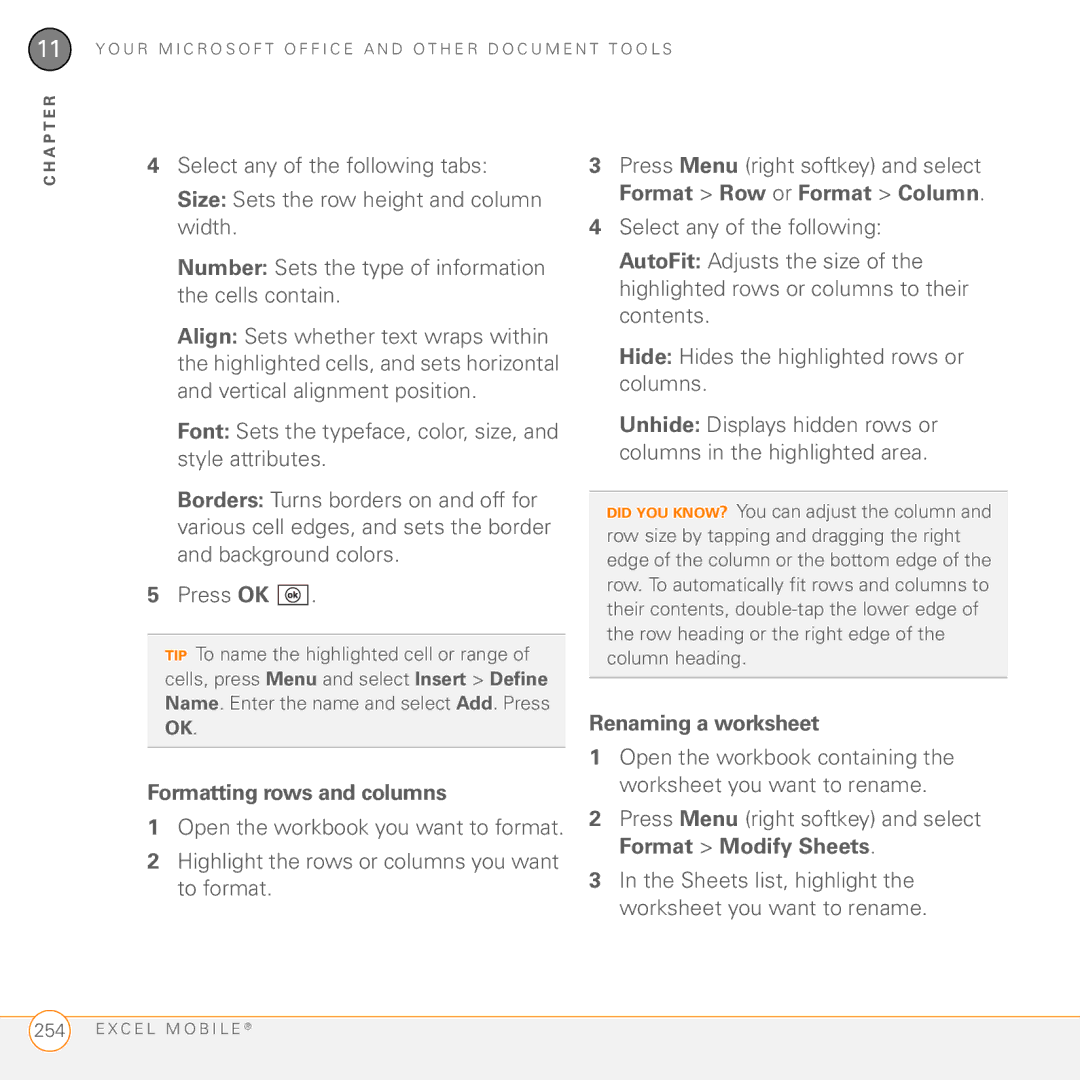 Palm PMG0501000P manual Formatting rows and columns, Renaming a worksheet 