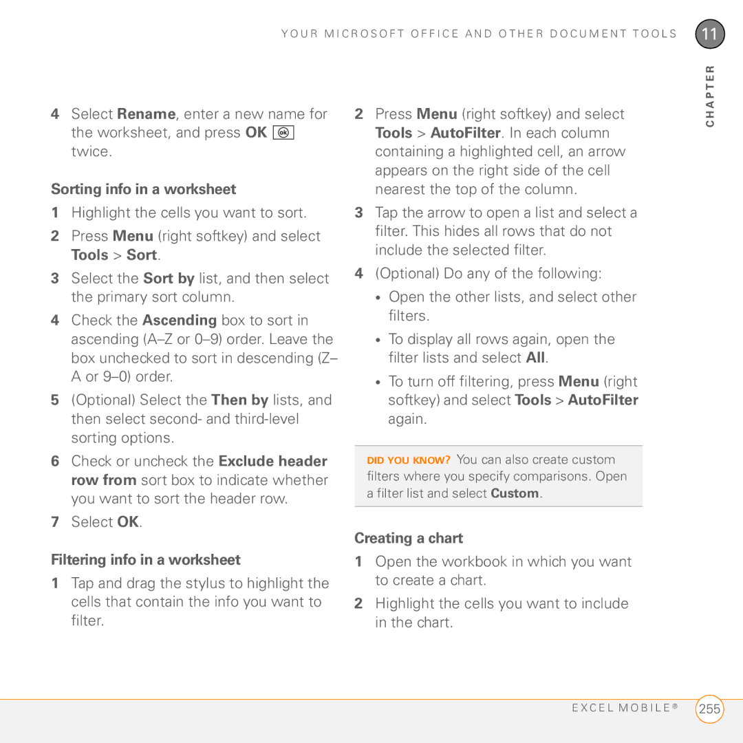 Palm PMG0501000P manual Sorting info in a worksheet, Filtering info in a worksheet, Creating a chart 