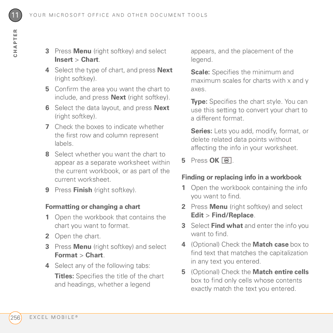 Palm PMG0501000P manual Formatting or changing a chart, Finding or replacing info in a workbook 