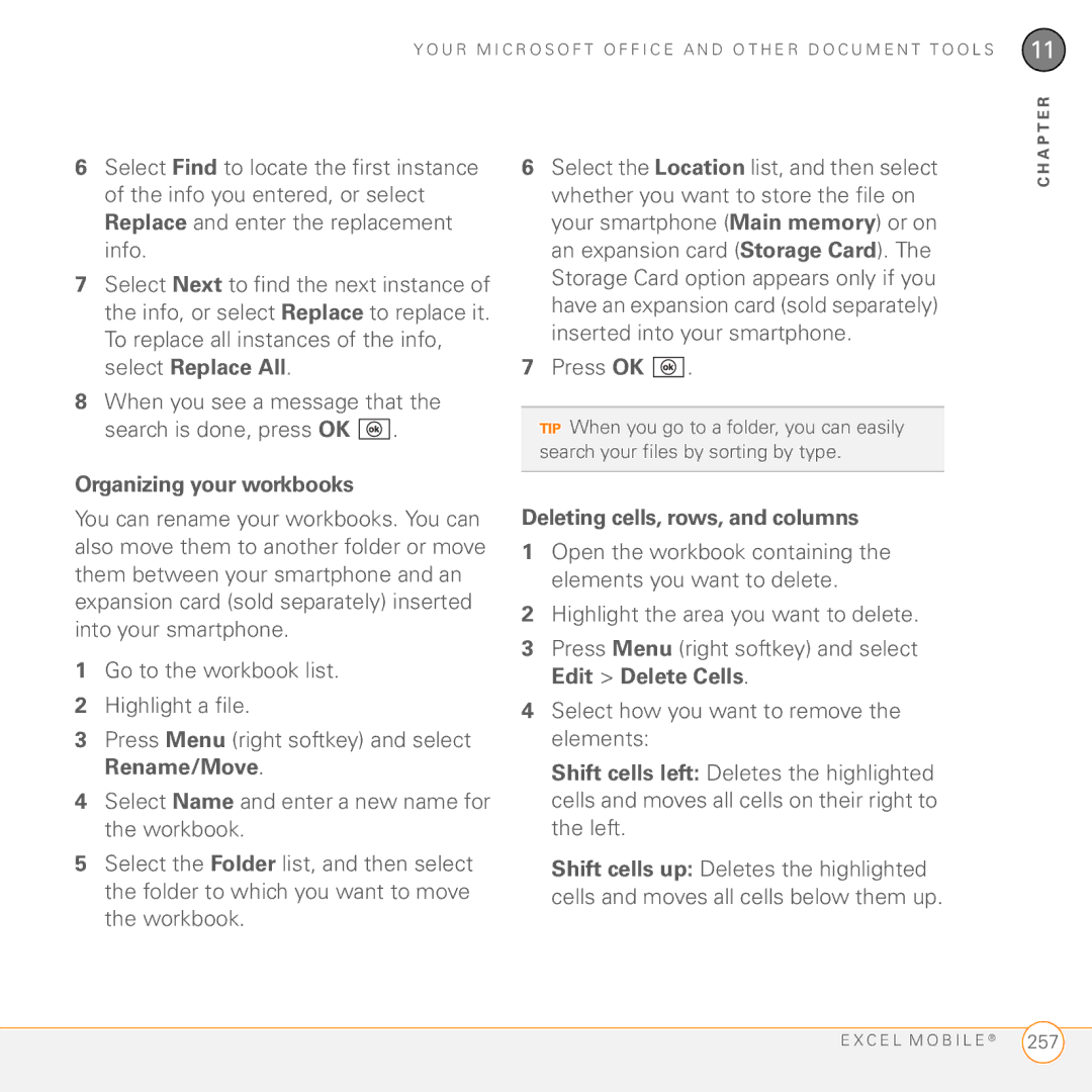 Palm PMG0501000P manual Organizing your workbooks, Deleting cells, rows, and columns 