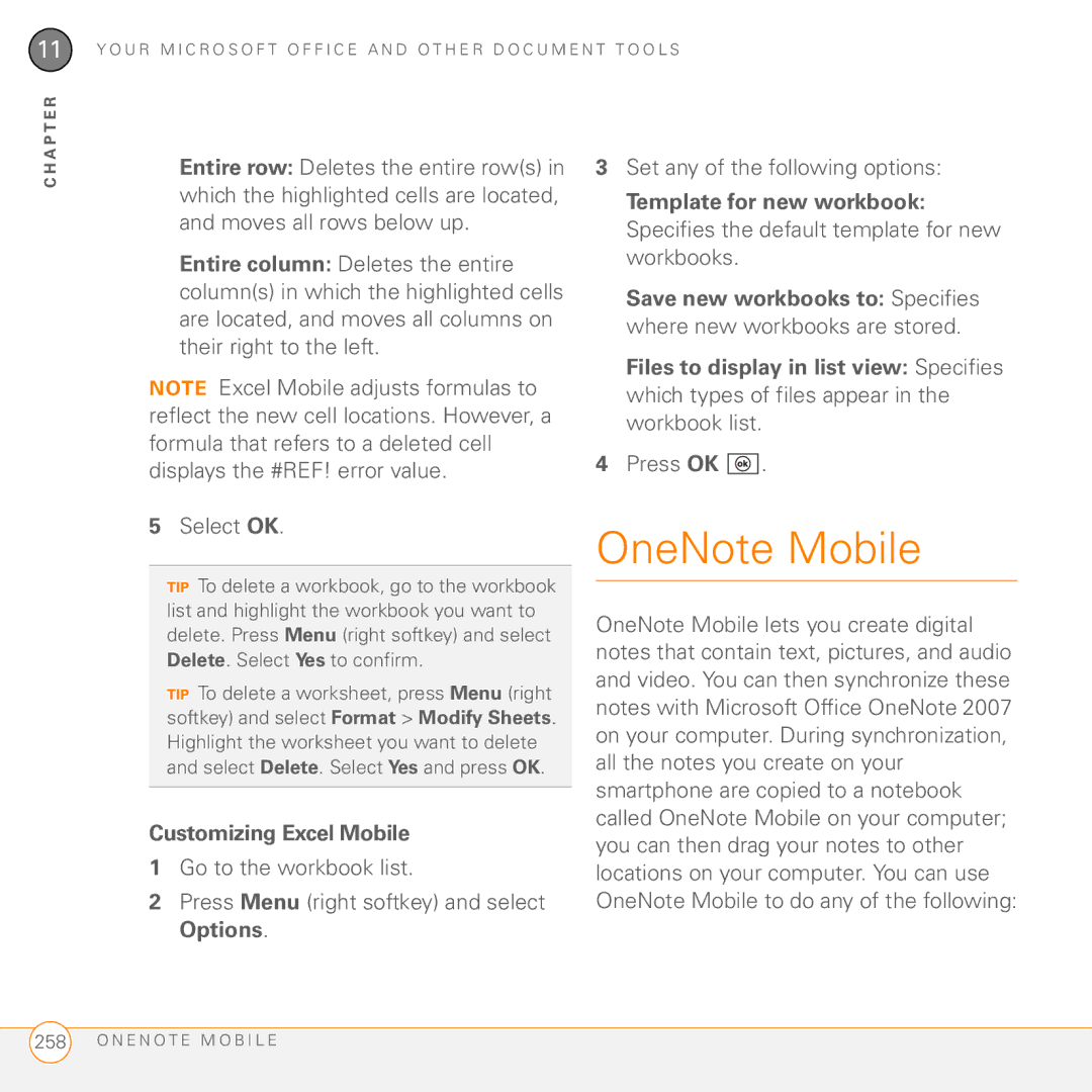 Palm PMG0501000P manual OneNote Mobile, Customizing Excel Mobile 