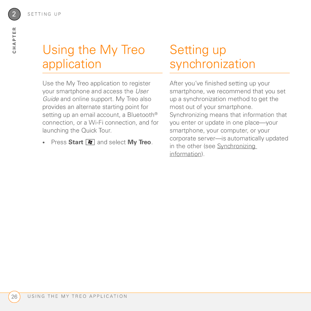 Palm PMG0501000P manual Using the My Treo application, Setting up synchronization 