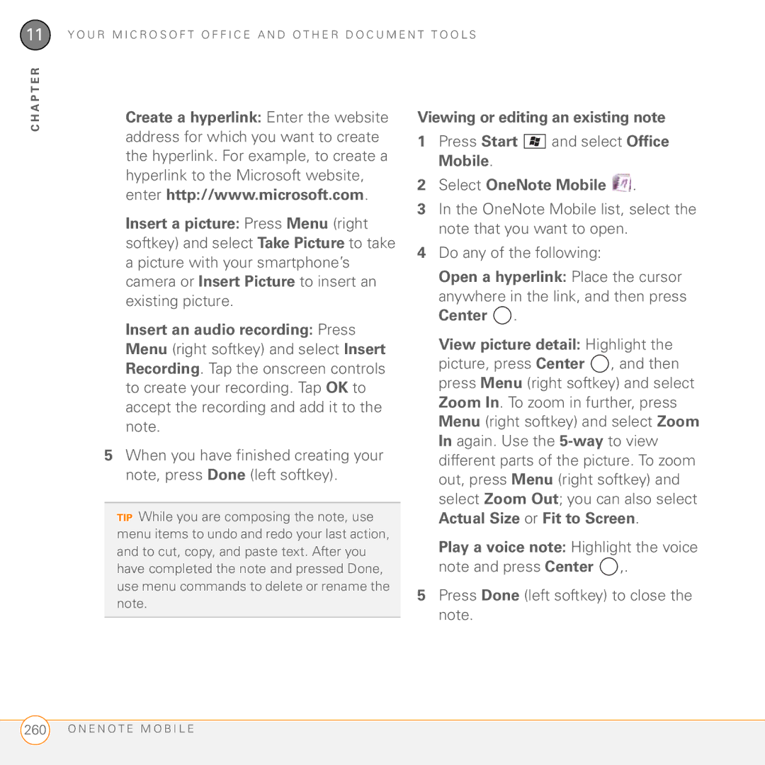 Palm PMG0501000P Insert a picture Press Menu right, Viewing or editing an existing note, Open a hyperlink Place the cursor 