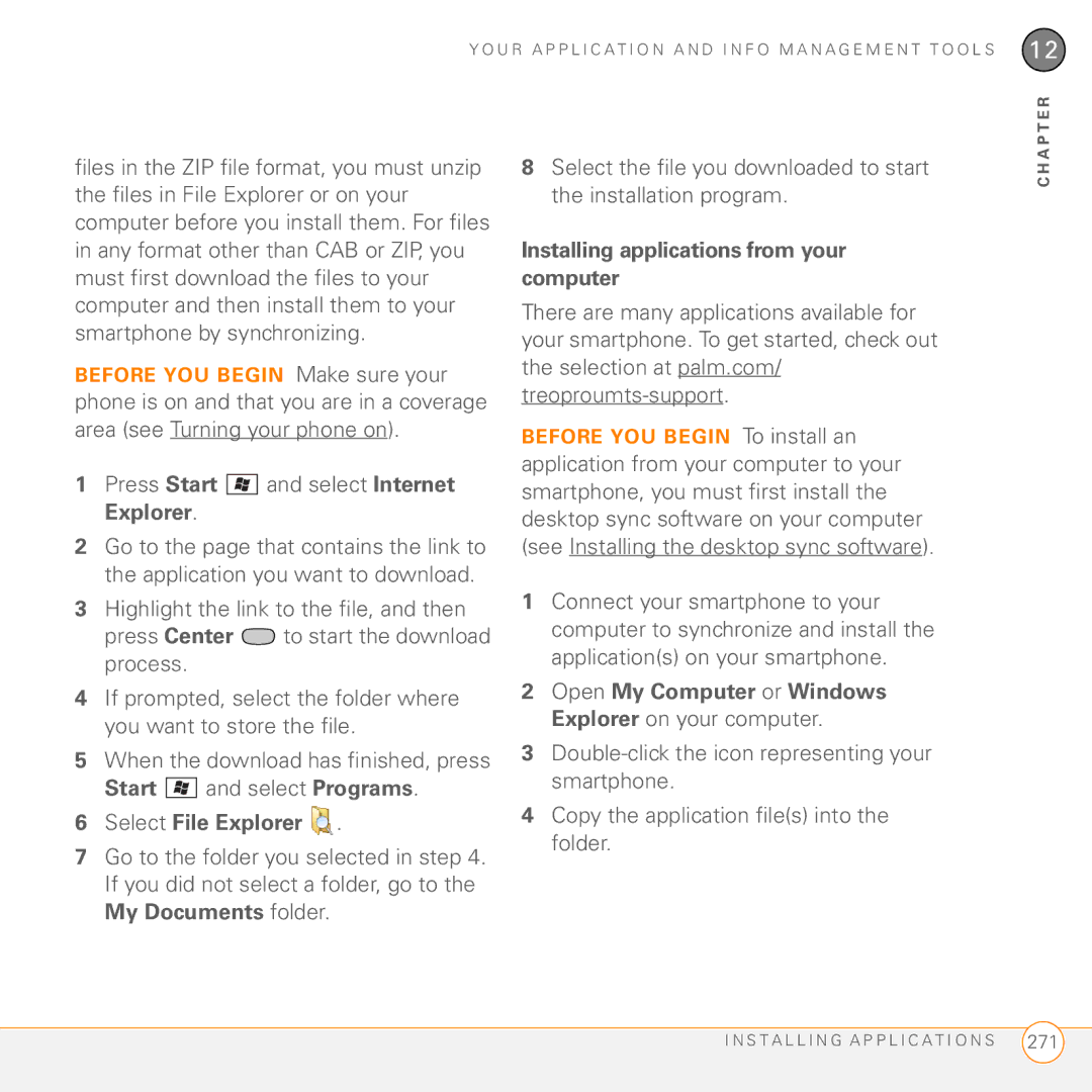 Palm PMG0501000P manual Start and select Programs Select File Explorer, Installing applications from your computer 