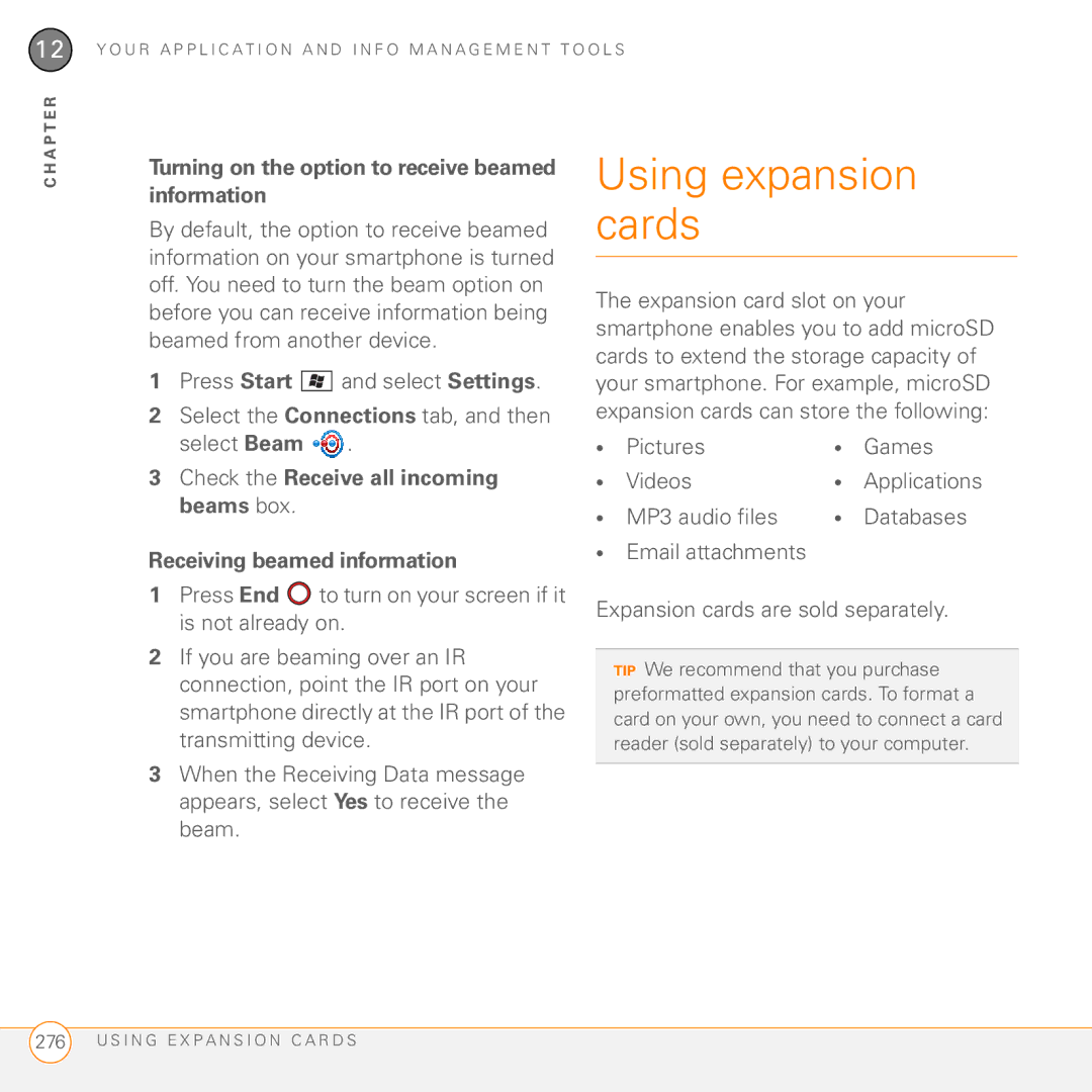 Palm PMG0501000P manual Using expansion cards, Turning on the option to receive beamed information, Pictures Games Videos 