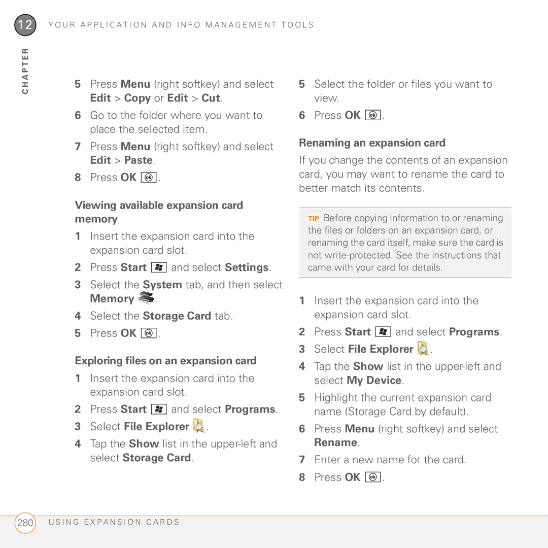 Palm PMG0501000P Viewing available expansion card memory, Exploring files on an expansion card, Renaming an expansion card 
