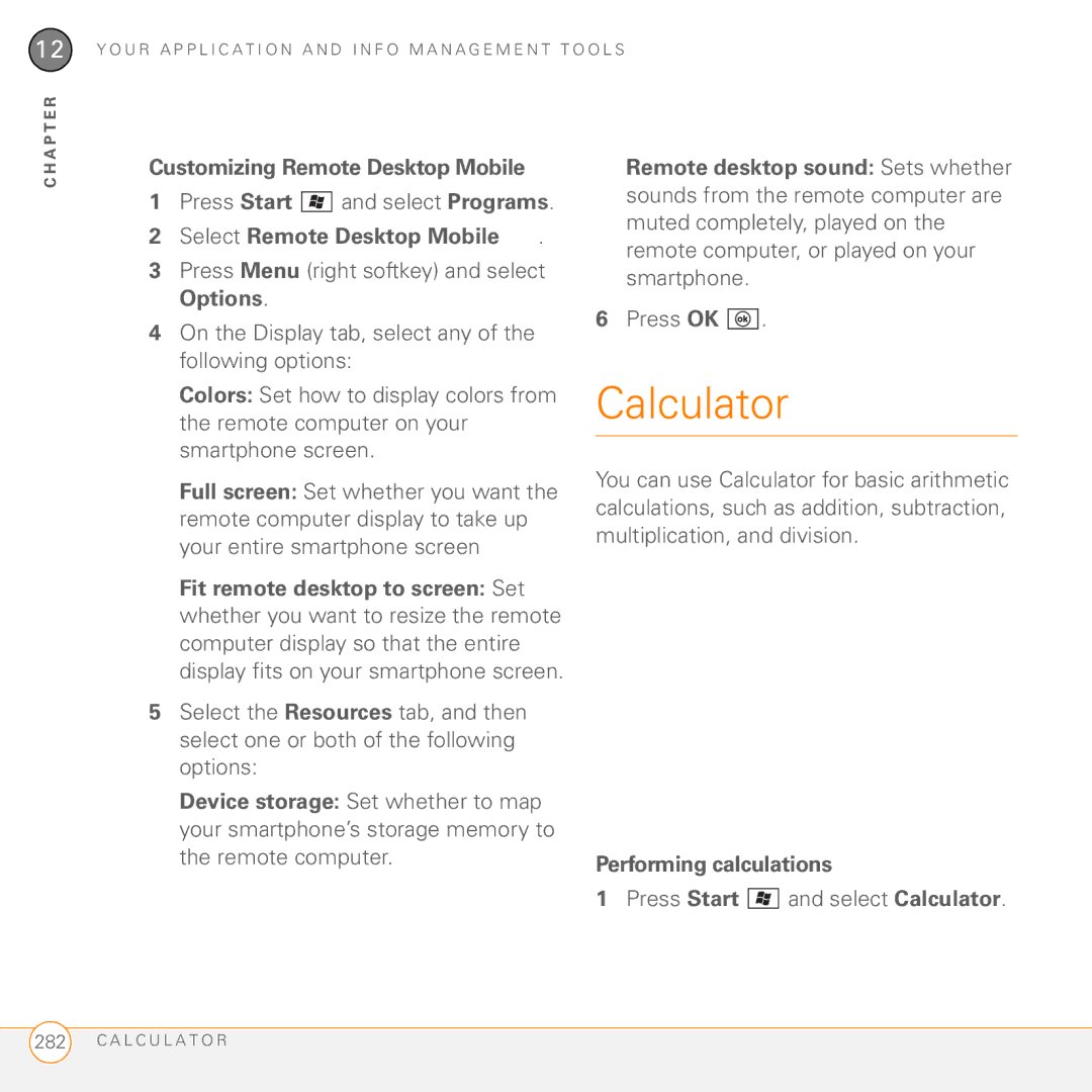 Palm PMG0501000P manual Customizing Remote Desktop Mobile, Performing calculations, Press Start and select Calculator 