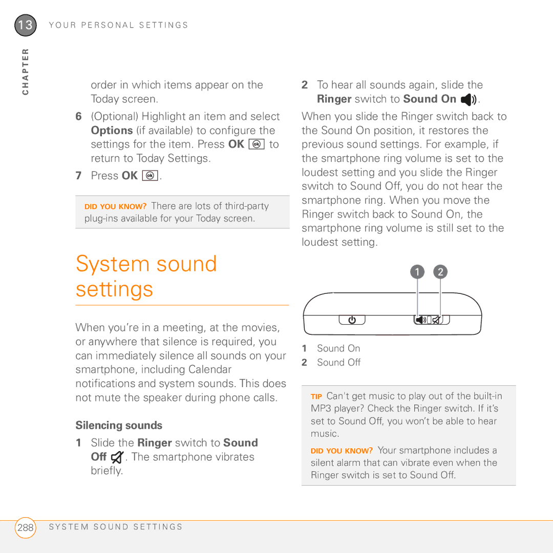 Palm PMG0501000P manual System sound settings, Order in which items appear on the Today screen, Silencing sounds 