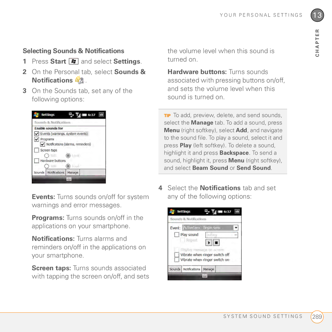 Palm PMG0501000P manual Selecting Sounds & Notifications, Volume level when this sound is turned on 