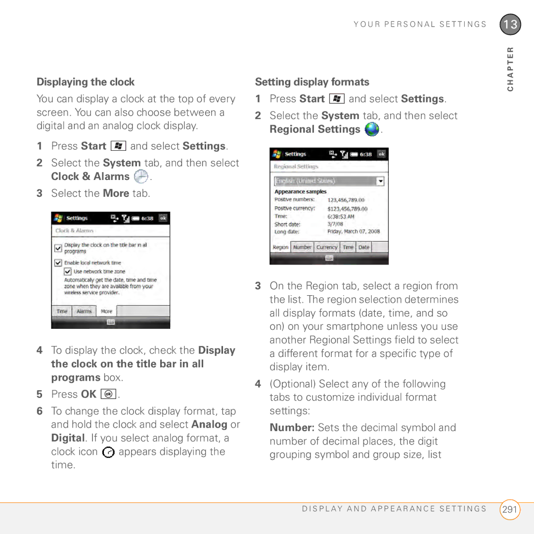 Palm PMG0501000P manual Displaying the clock, Clock icon appears displaying the time, Setting display formats 