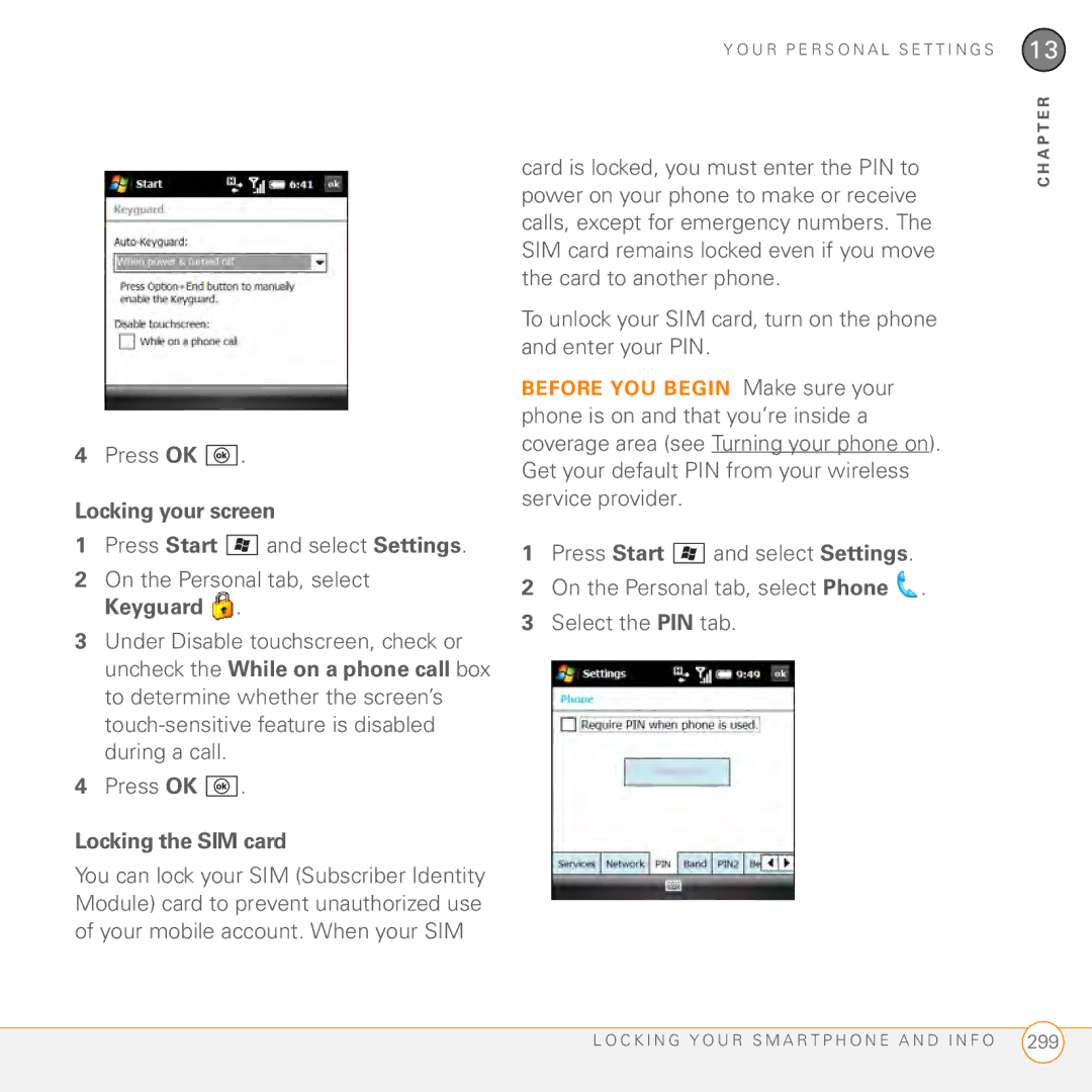 Palm PMG0501000P manual Locking your screen, Locking the SIM card 