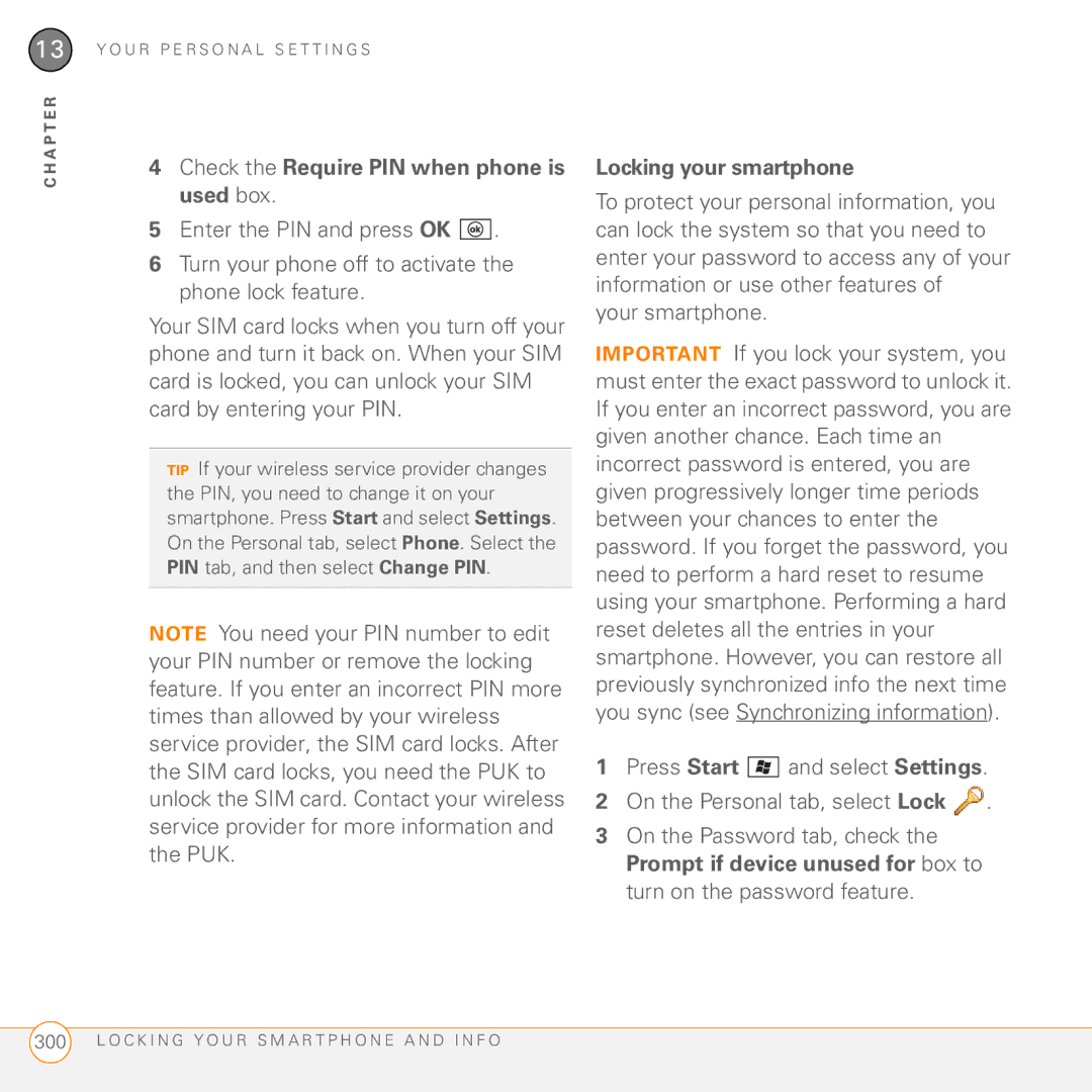 Palm PMG0501000P manual Check the Require PIN when phone is used box, Locking your smartphone 