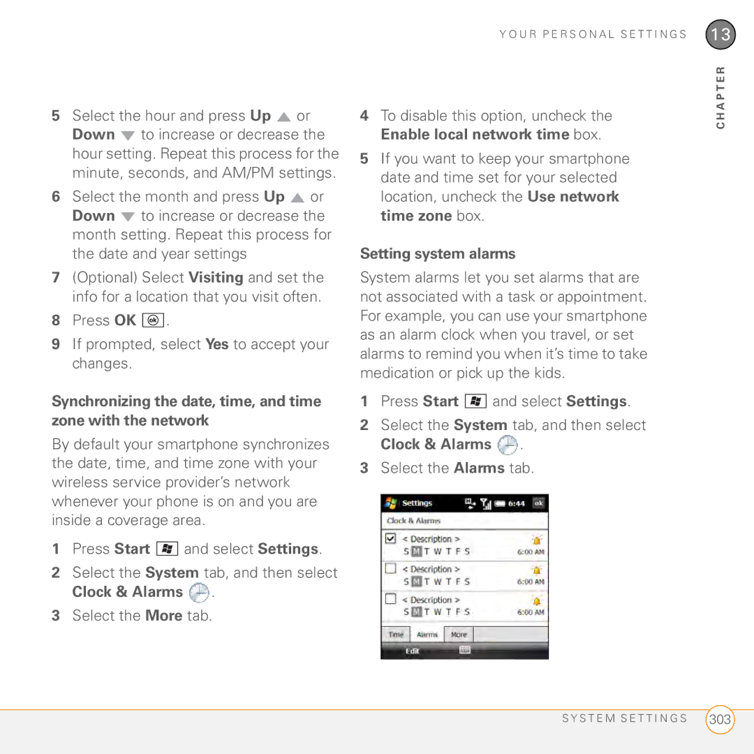 Palm PMG0501000P manual Press OK If prompted, select Yes to accept your changes, Setting system alarms 