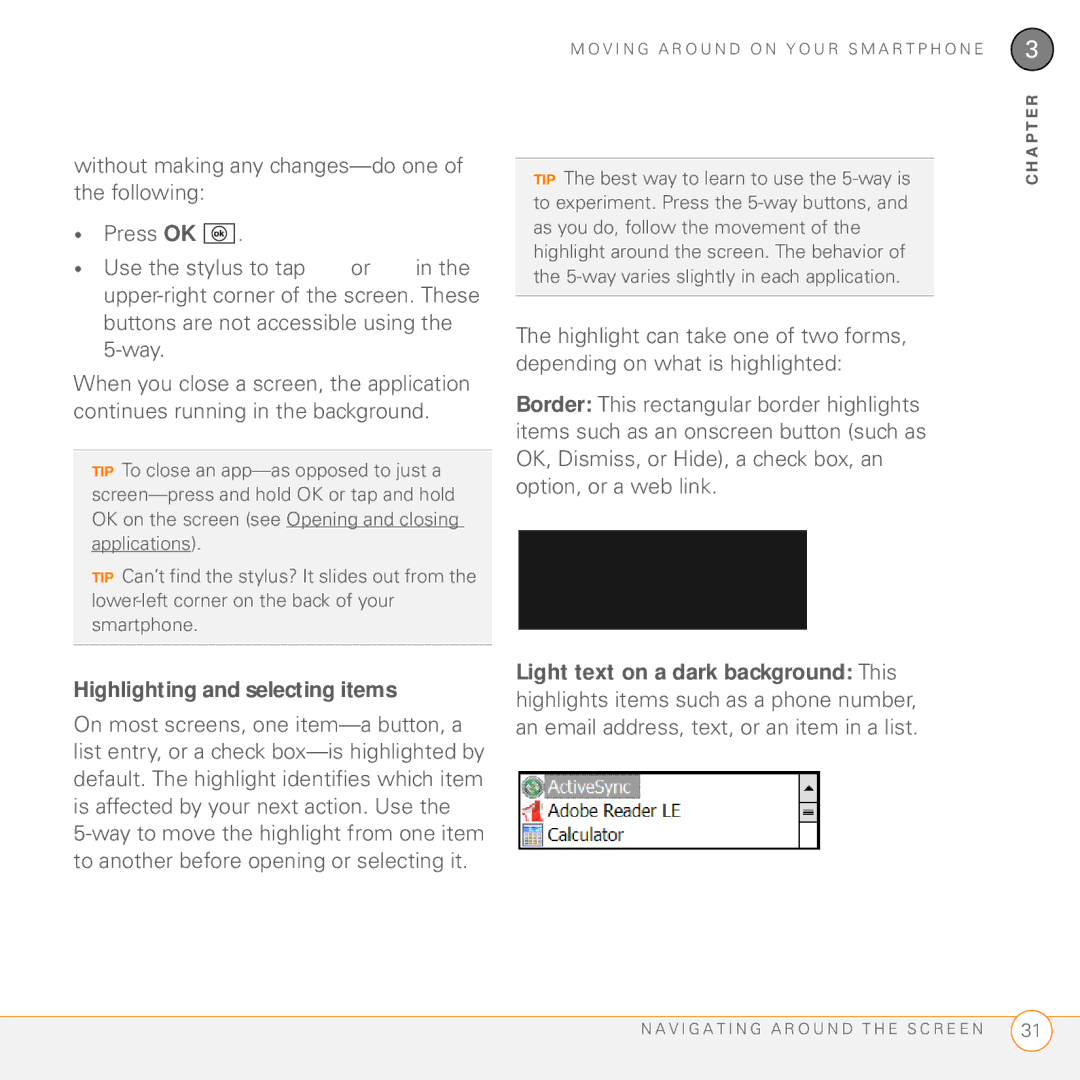 Palm PMG0501000P manual Highlighting and selecting items 