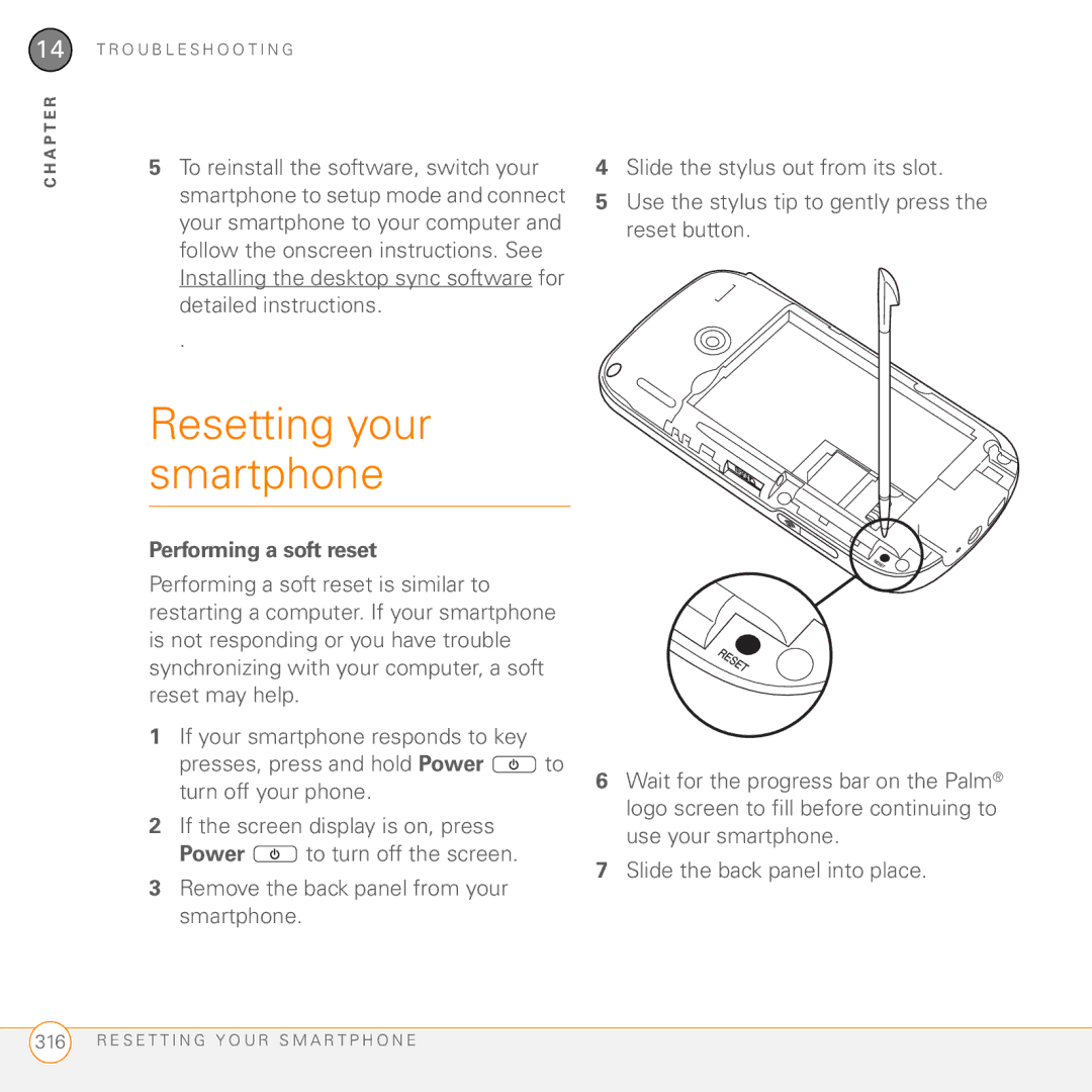 Palm PMG0501000P manual Resetting your smartphone, Performing a soft reset 