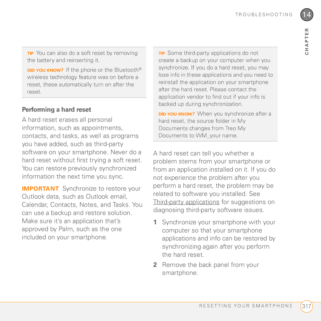Palm PMG0501000P manual Performing a hard reset 