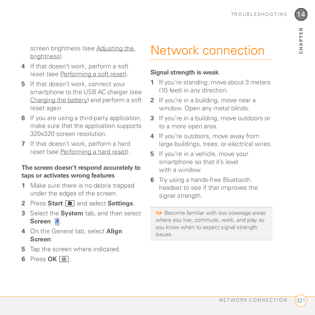 Palm PMG0501000P manual Network connection, Screen brightness see Adjusting the brightness, Signal strength is weak 