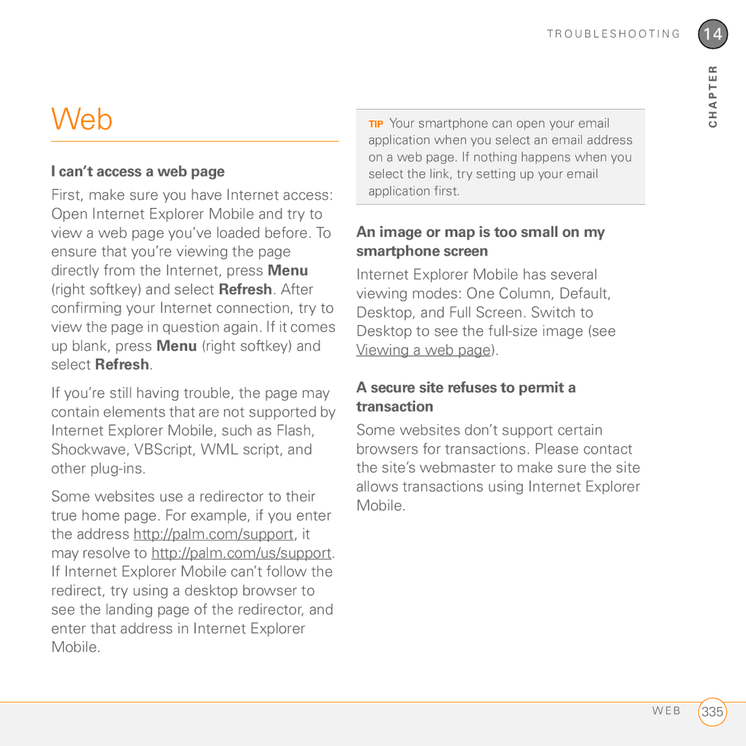 Palm PMG0501000P manual Web, Can’t access a web, An image or map is too small on my smartphone screen 