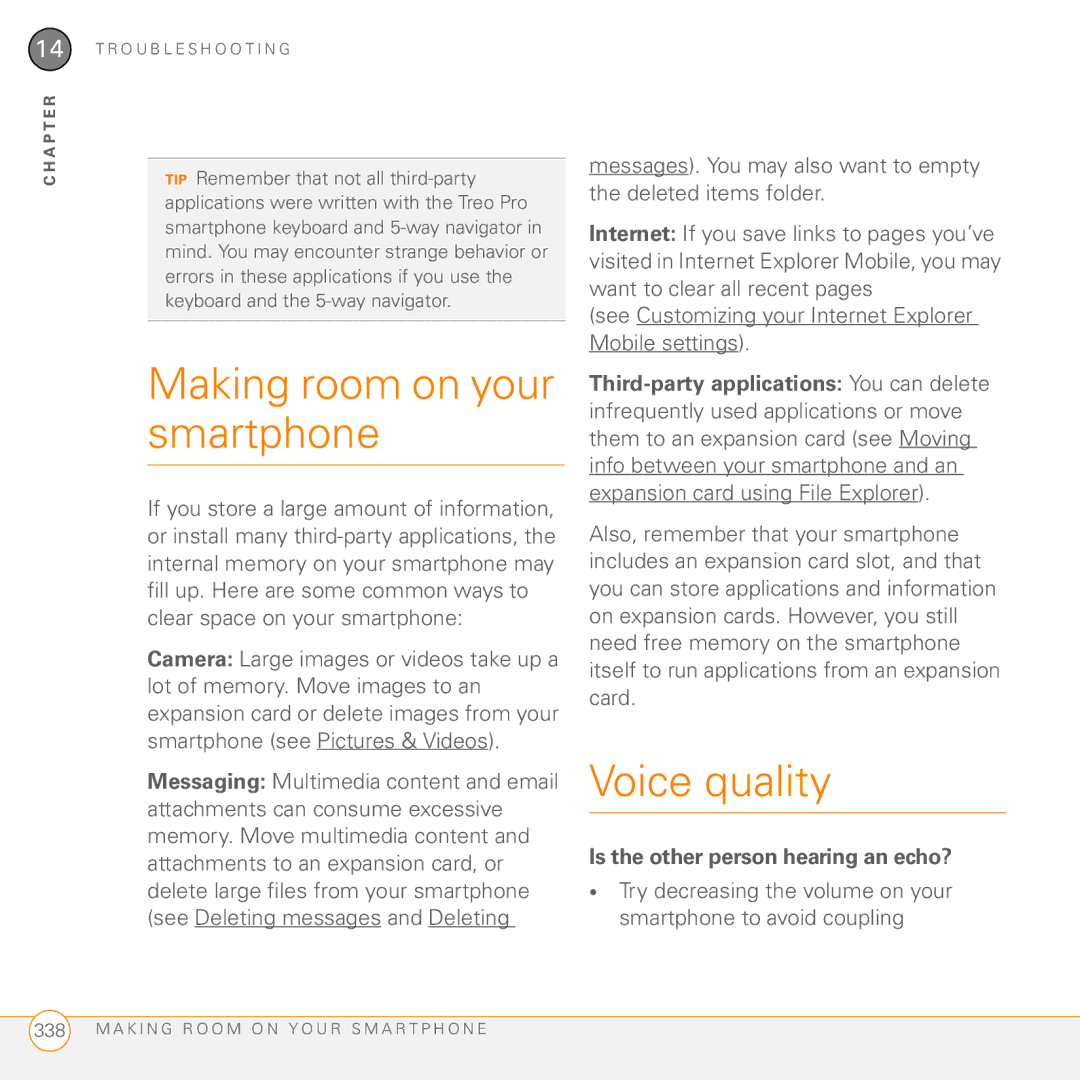 Palm PMG0501000P manual Making room on your smartphone, Voice quality, Is the other person hearing an echo? 