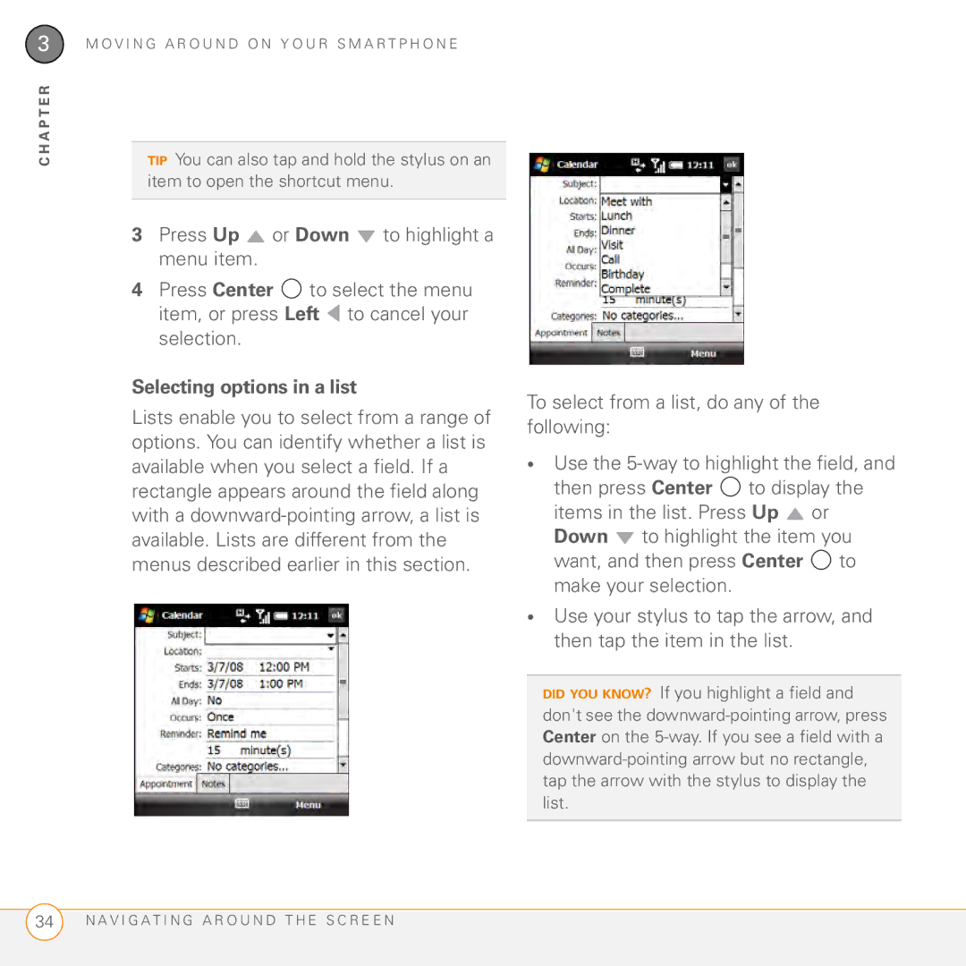 Palm PMG0501000P manual Selecting options in a list 