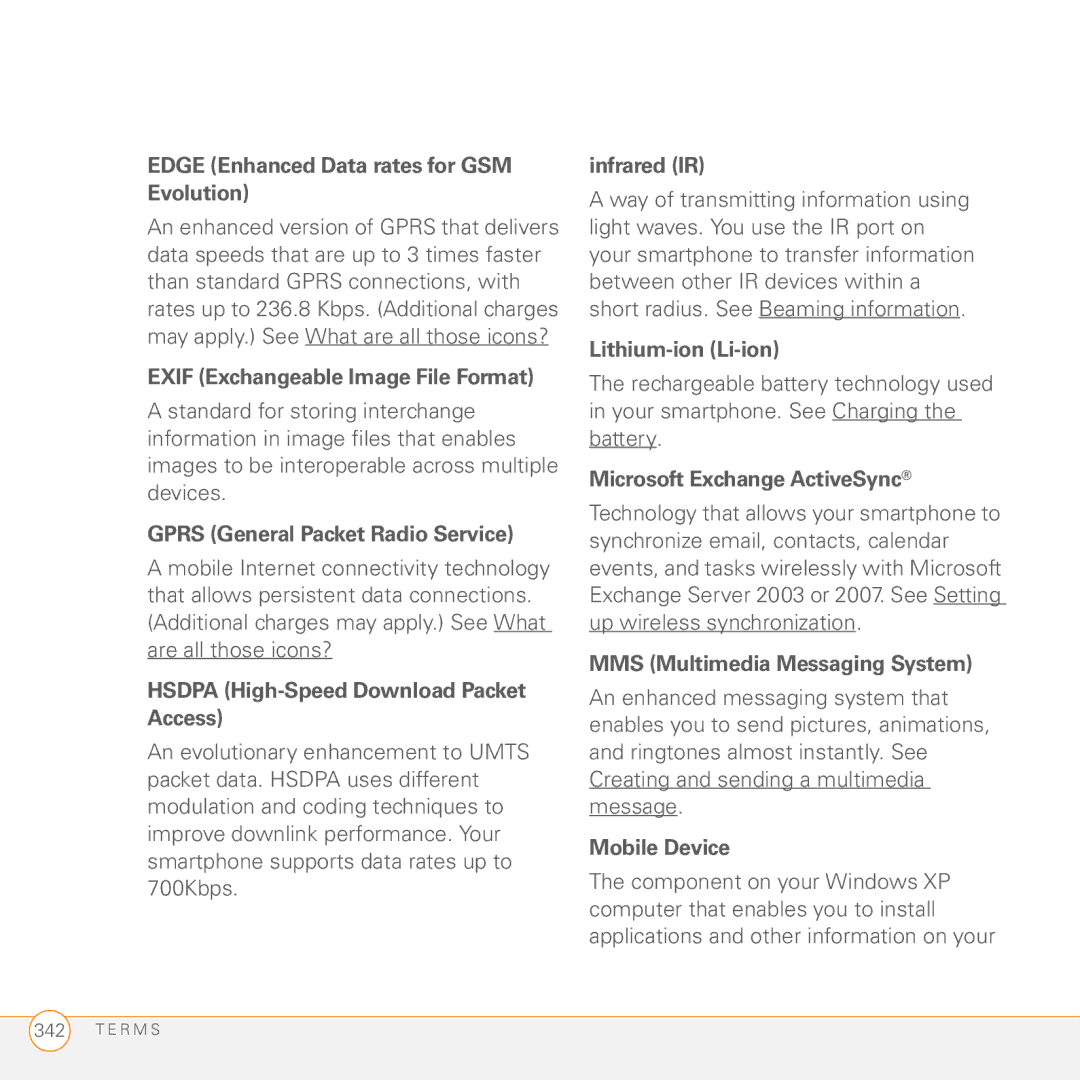 Palm PMG0501000P manual Edge Enhanced Data rates for GSM Evolution, Exif Exchangeable Image File Format, Infrared IR 