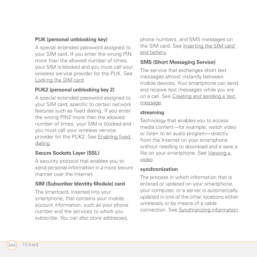 Palm PMG0501000P manual PUK personal unblocking key, PUK2 personal unblocking key, Secure Sockets Layer SSL, Streaming 