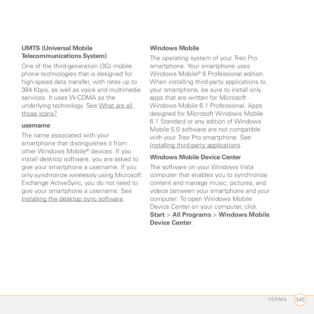 Palm PMG0501000P manual Umts Universal Mobile Telecommunications System, Username, Windows Mobile 