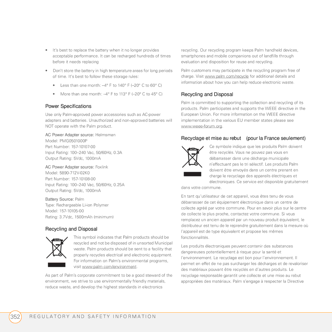 Palm PMG0501000P manual Power Specifications 