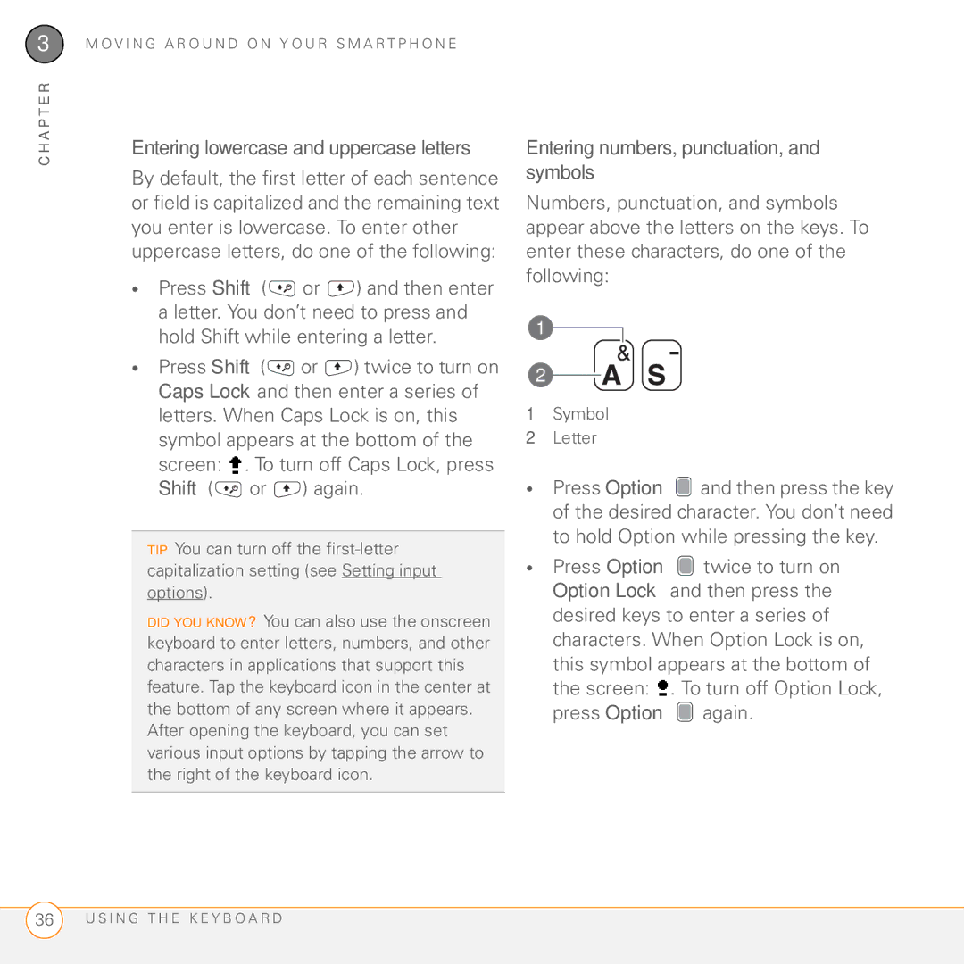 Palm PMG0501000P manual Entering numbers, punctuation, and symbols, Entering lowercase and uppercase letters 