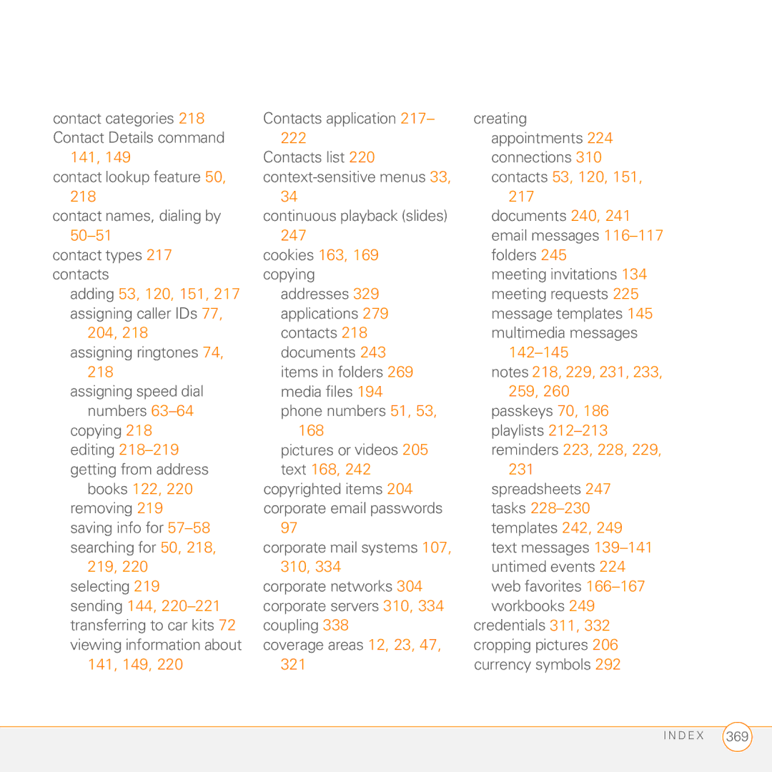 Palm PMG0501000P manual 222, 141, Contacts 53, 120, 218 217, 50-51 247, Adding 53, 120, 151, 204, 142-145, 259, 168, Tasks 