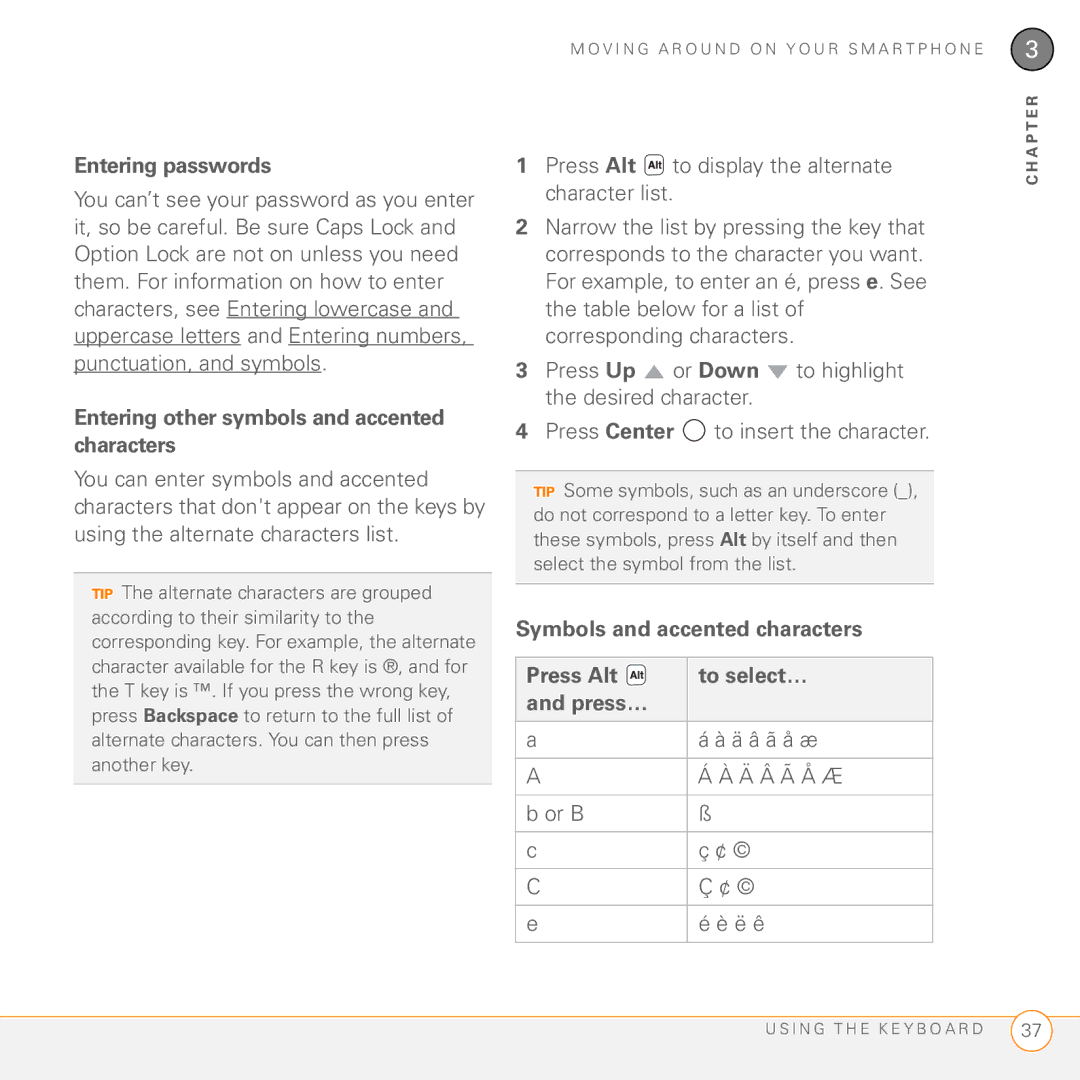 Palm PMG0501000P manual Entering passwords, Entering other symbols and accented characters, Symbols and accented characters 