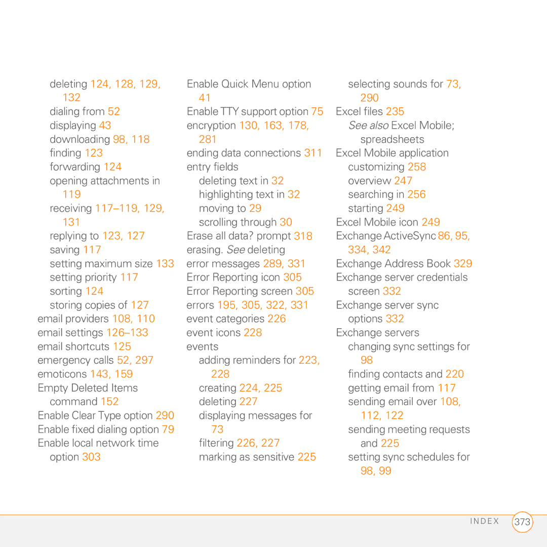 Palm PMG0501000P Deleting 124, 128, 132 290, Encryption 130, 163, 281, Receiving 117-119, 334, Errors 195, 305, 322 