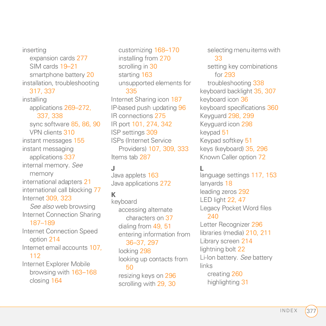 Palm PMG0501000P manual 337, 187-189, Keyboard, 240 