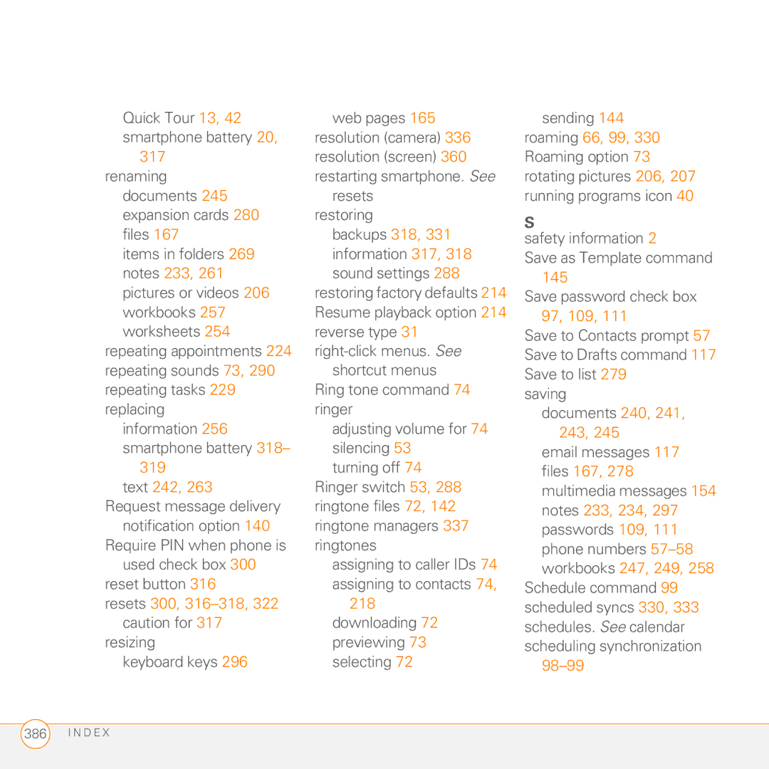 Palm PMG0501000P Renaming, 319, Resets 300, 316-318, 322 caution for, Backups 318, 331 information 317, 318 sound settings 