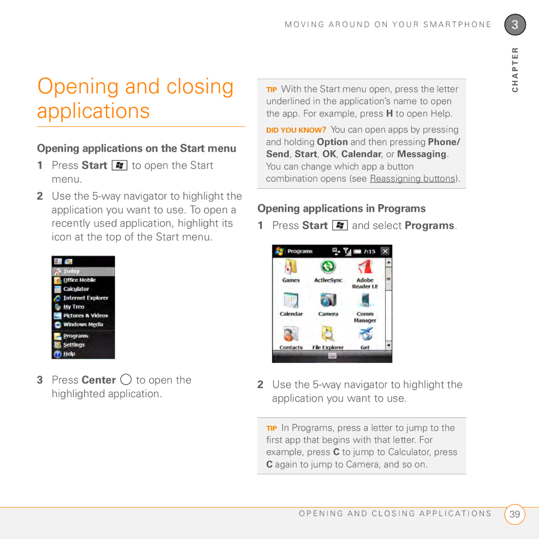 Palm PMG0501000P Opening and closing applications, Press Start to open the Start menu, Opening applications in Programs 