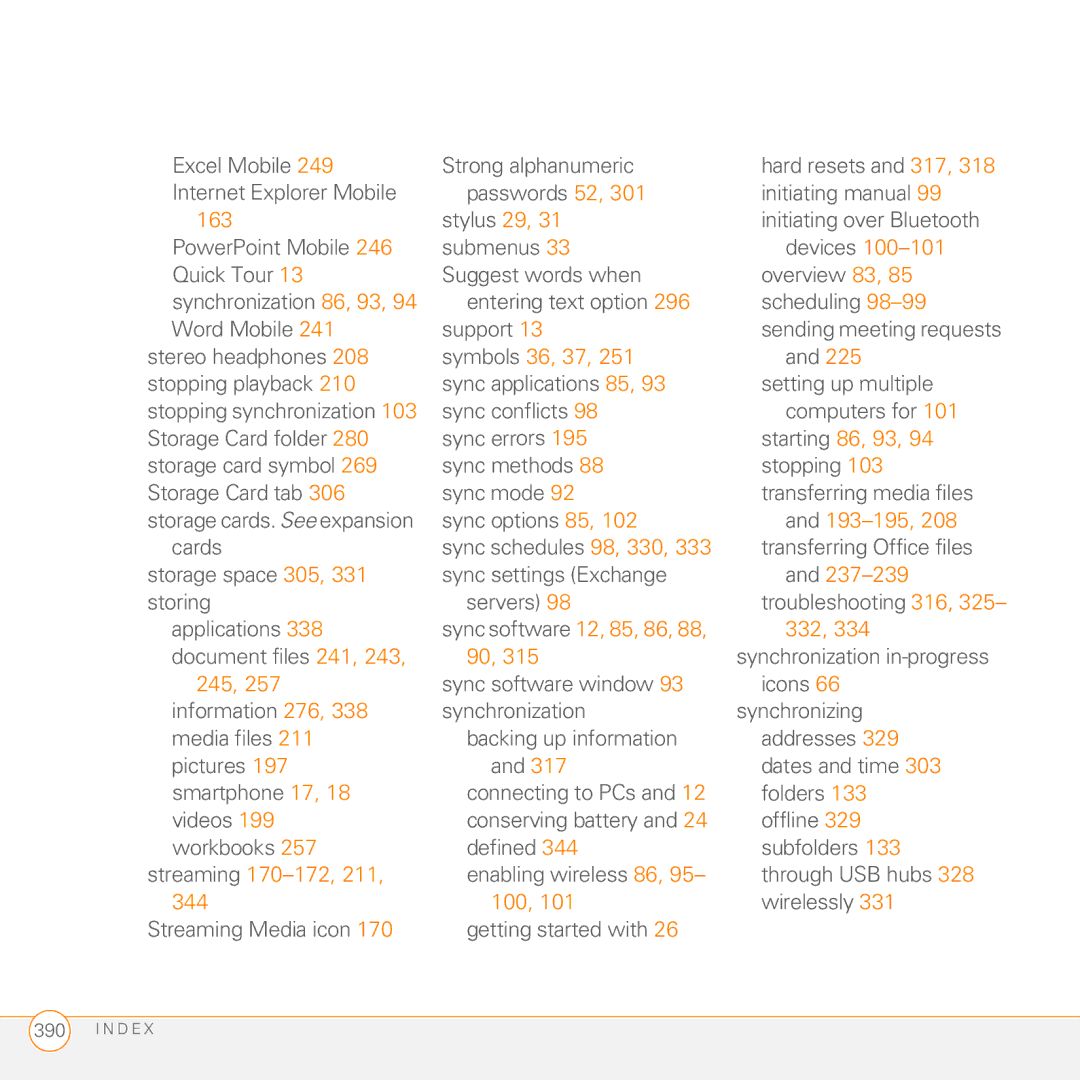 Palm PMG0501000P manual 163, Symbols 36, 37, Starting 86, 93, 193-195, Sync software 12, 85, 86 332, 245, Streaming 170-172 