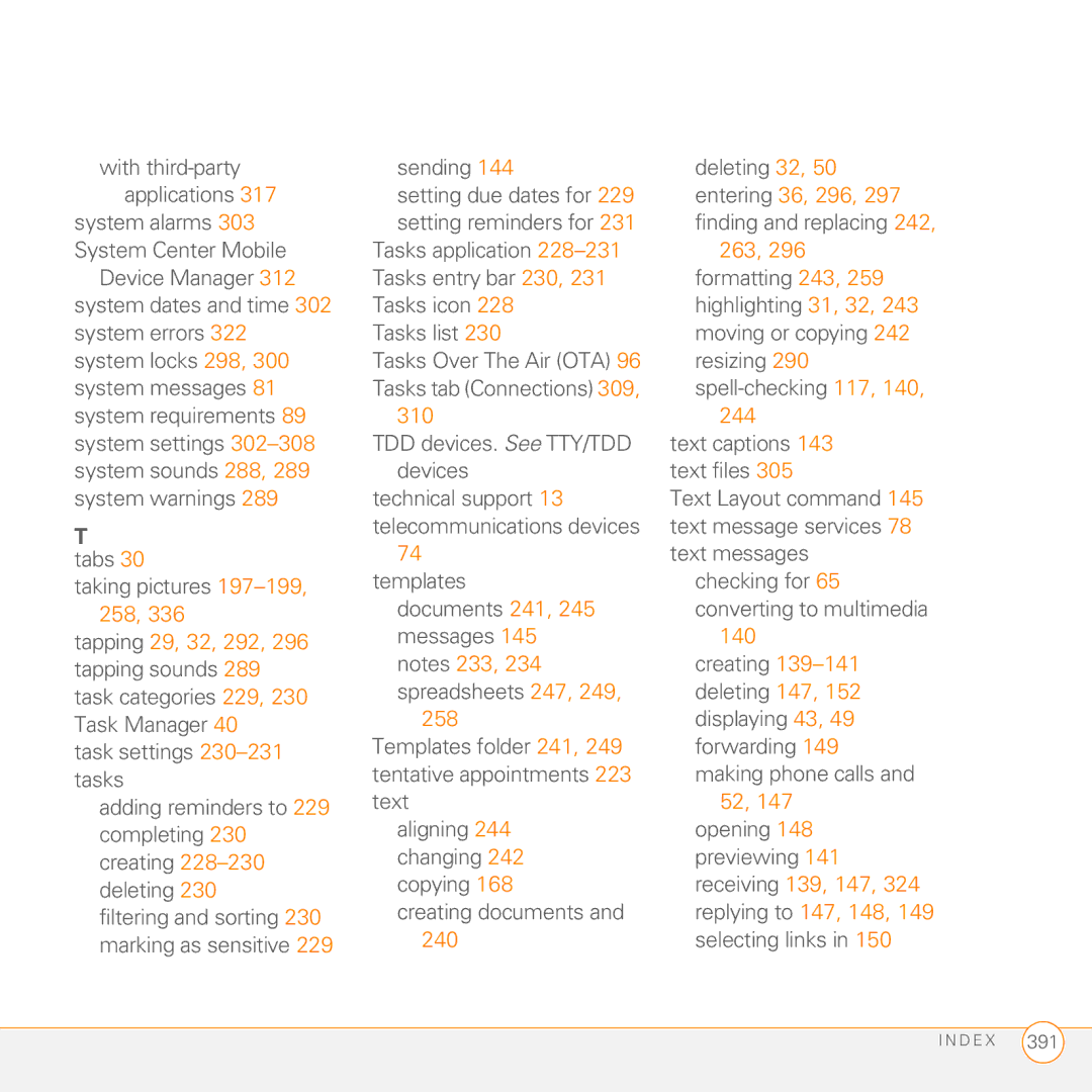 Palm PMG0501000P manual TDD devices. See TTY/TDD devices, Templates, 258, 244 