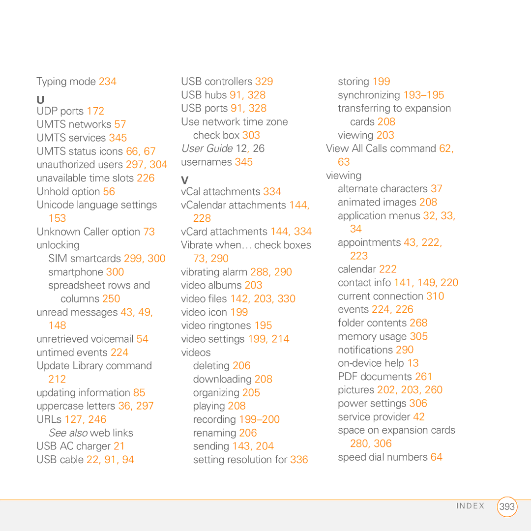 Palm PMG0501000P manual 212, Updating information 85 uppercase letters 36, 297 URLs 127, Calendar, 280, Speed dial numbers 