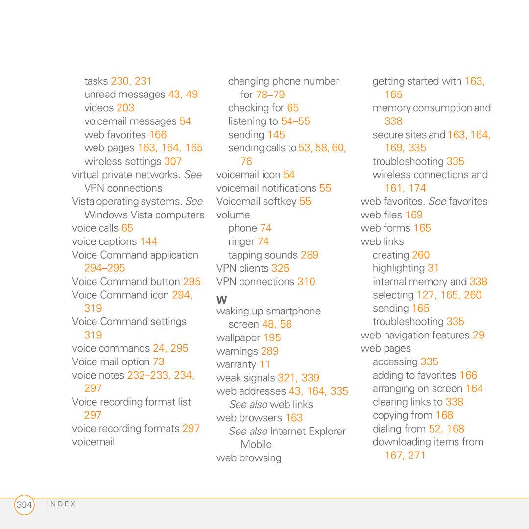 Palm PMG0501000P manual Virtual private networks. See VPN connections, Voice Command application, 297, 161, 167 