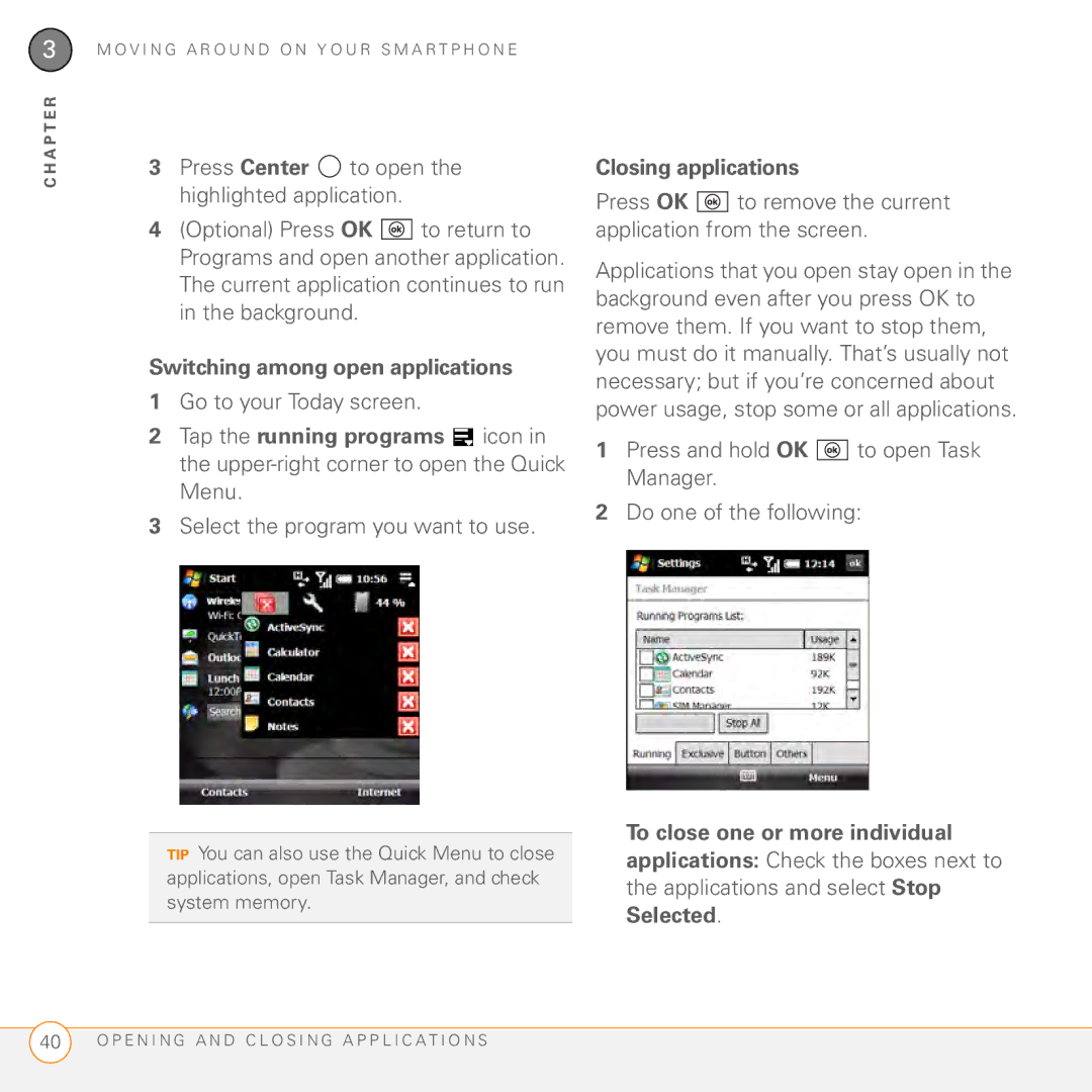 Palm PMG0501000P manual Switching among open applications, Closing applications, To close one or more individual, Selected 