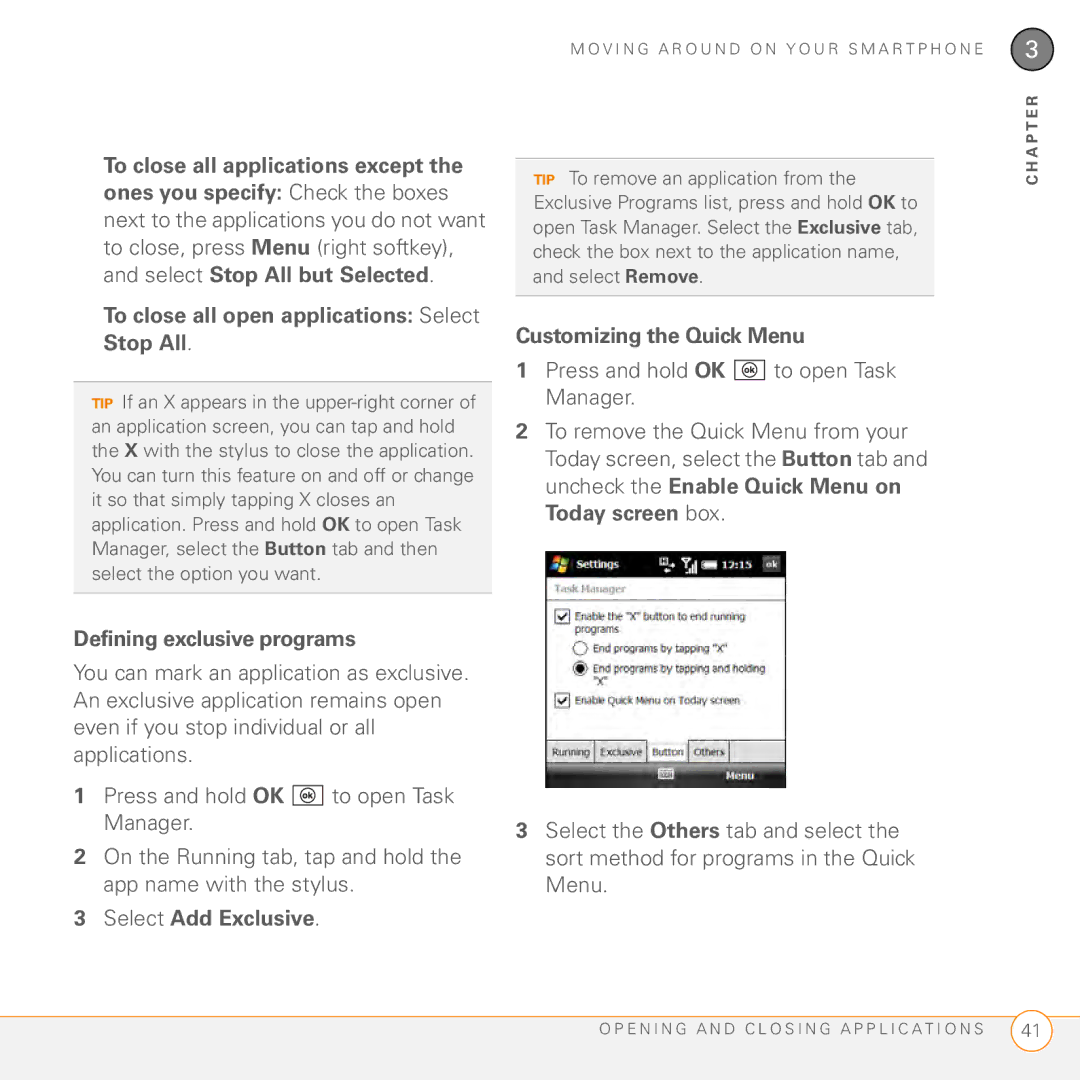 Palm PMG0501000P To close all open applications Select Stop All, Customizing the Quick Menu, Defining exclusive programs 