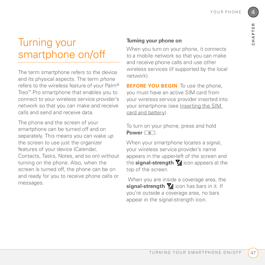 Palm PMG0501000P manual Turning your smartphone on/off, Turning your phone on, Power 