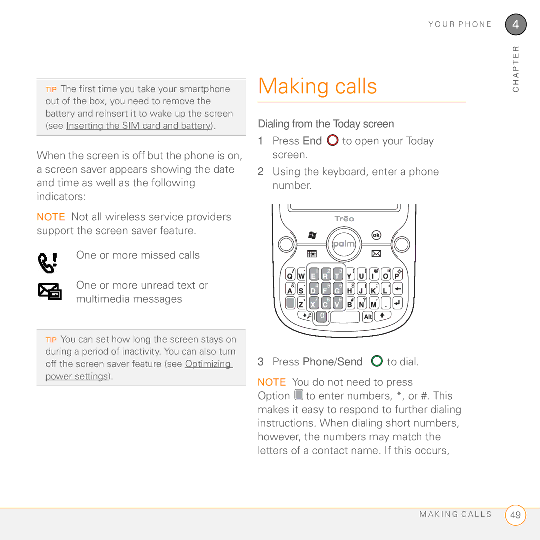 Palm PMG0501000P manual Making calls, Dialing from the Today screen 