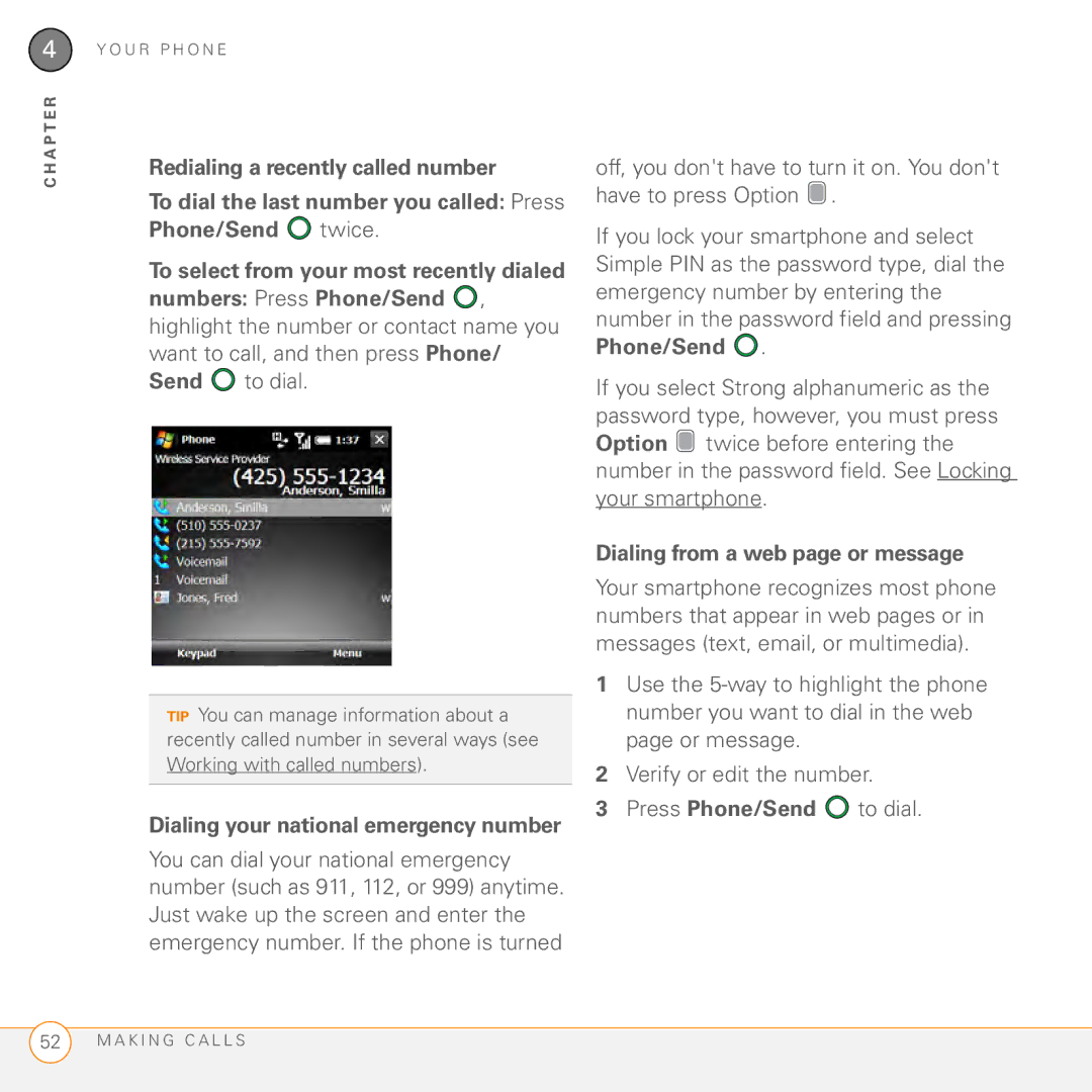 Palm PMG0501000P manual Dialing from a web page or message, Dialing your national emergency number 