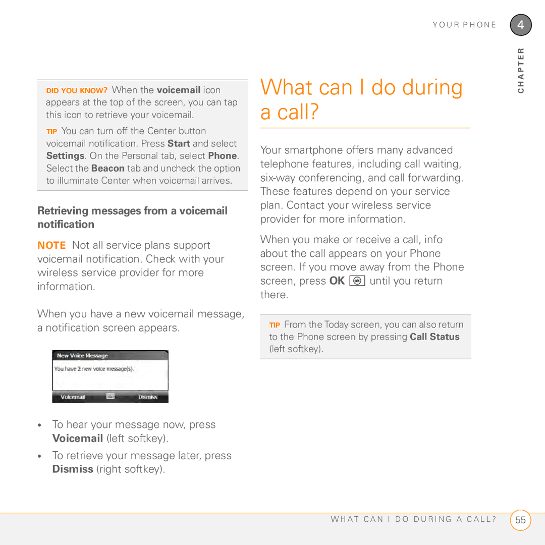 Palm PMG0501000P manual What can I do during a call?, Retrieving messages from a voicemail notification 