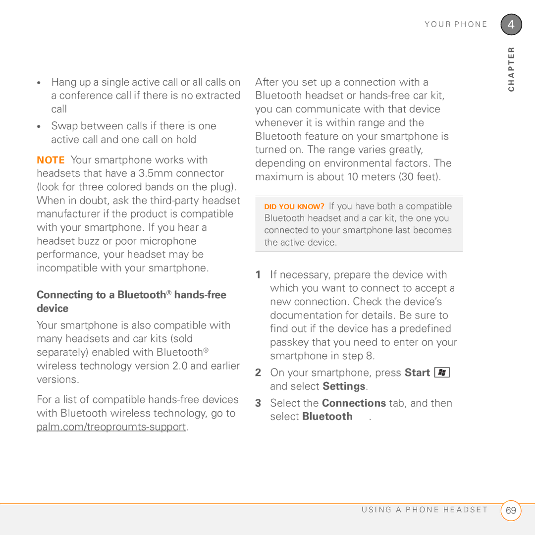 Palm PMG0501000P manual Connecting to a Bluetooth hands-free device 