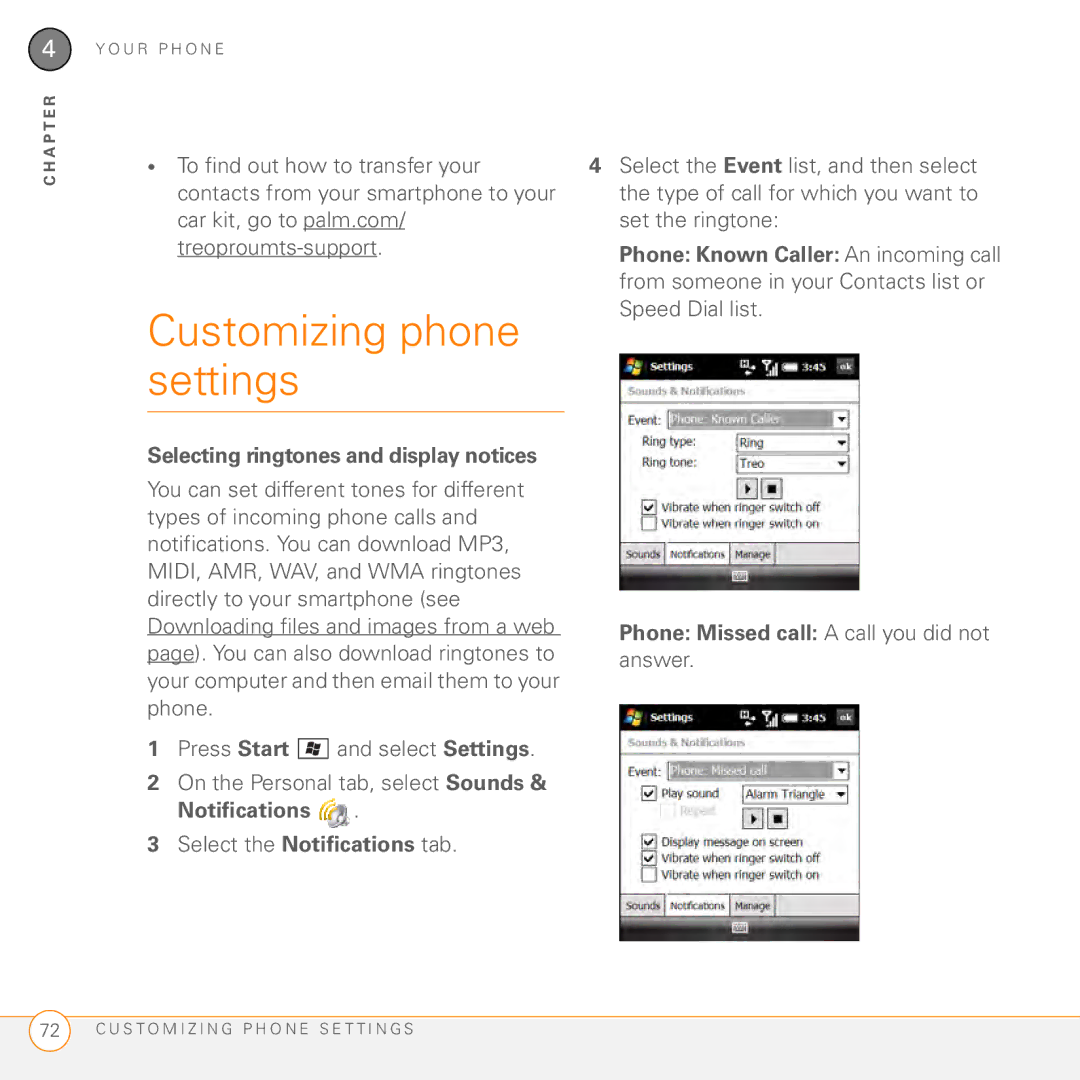Palm PMG0501000P manual Customizing phone, Settings, Selecting ringtones and display notices 