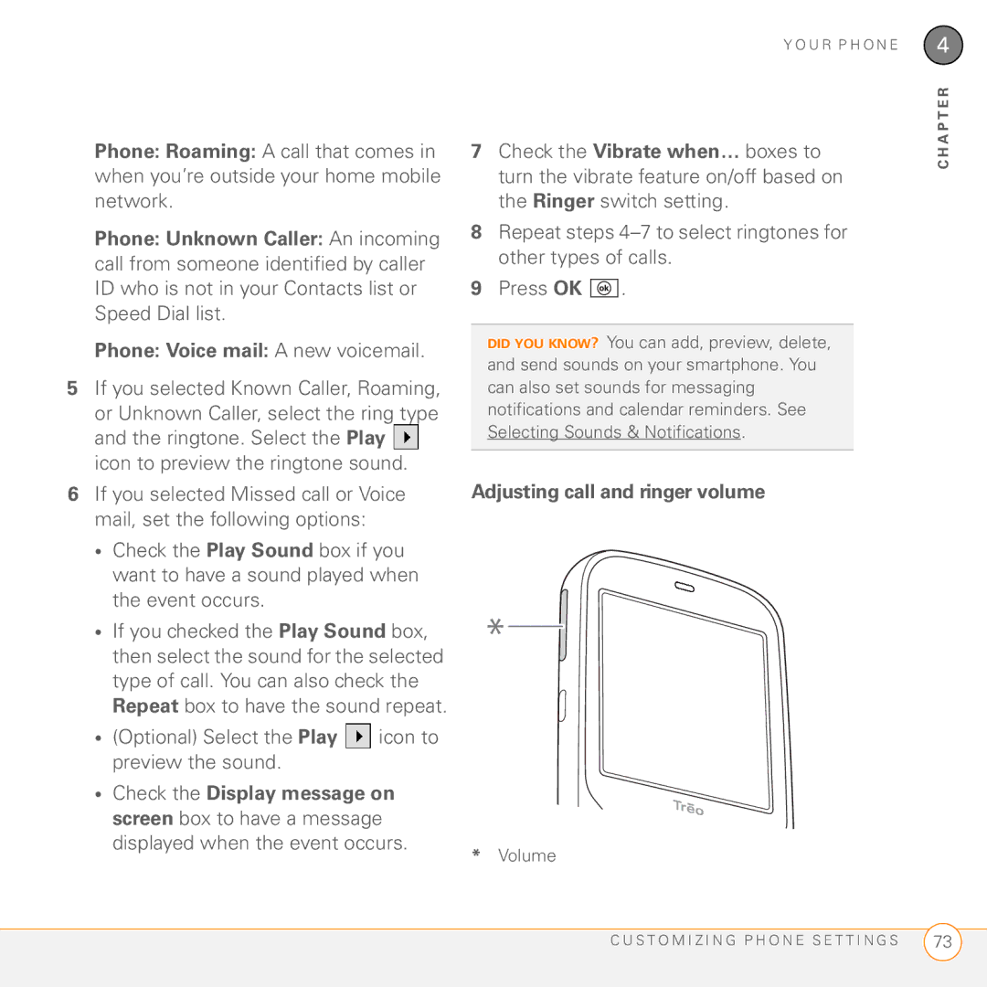 Palm PMG0501000P manual If you selected Known Caller, Roaming, Optional Select the Play icon to preview the sound 